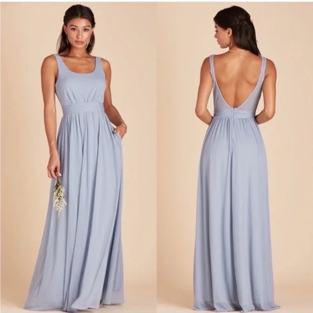 Birdy Grey Jan Scoopneck Pleated Chiffon Maxi Dress Pockets Blue XS